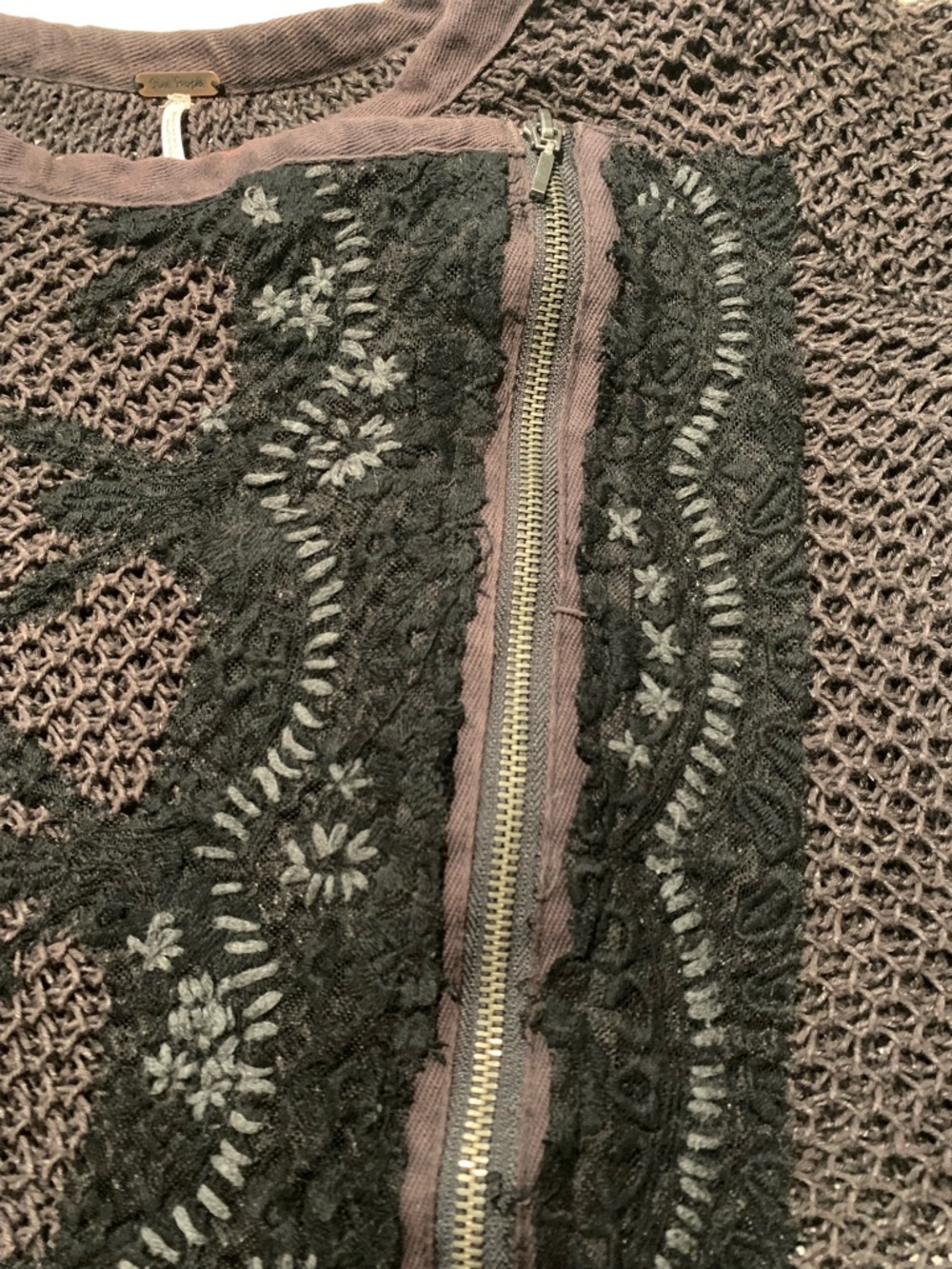 Free People Femme Fatal Moto Open Knit Zip Sweater Cardigan, Charcoal Combo, S - Picture 6 of 10